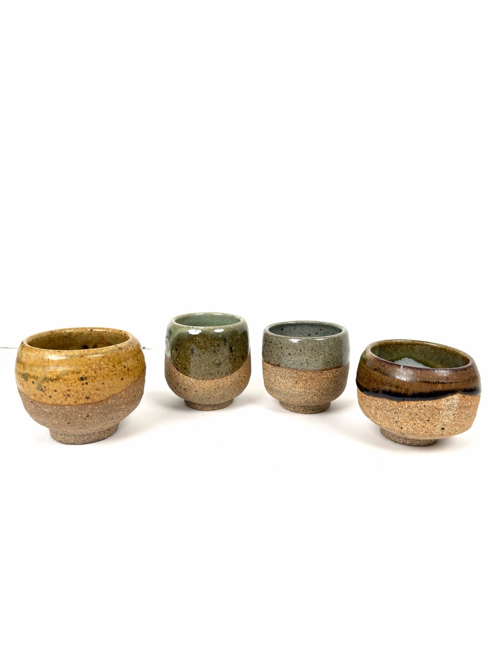 Set Of Four Studio Pottery Handmade Tea Cups Speckled Dipped Round Stoneware
